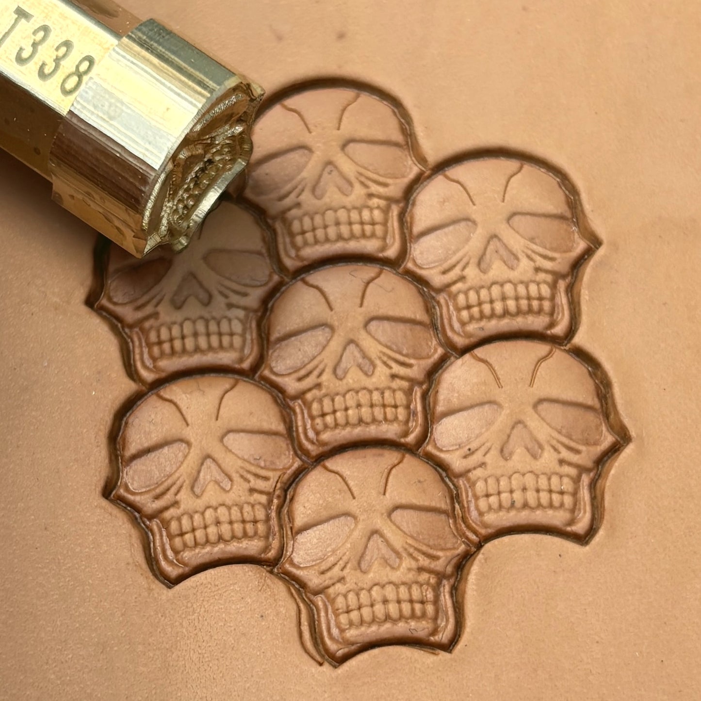 Stacked Skull leather stamp LT338 — brass stamping tool with imprint on natural veg-tan leather