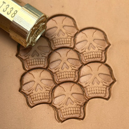 Stacked Skull leather stamp LT338 — brass stamping tool with imprint on natural veg-tan leather