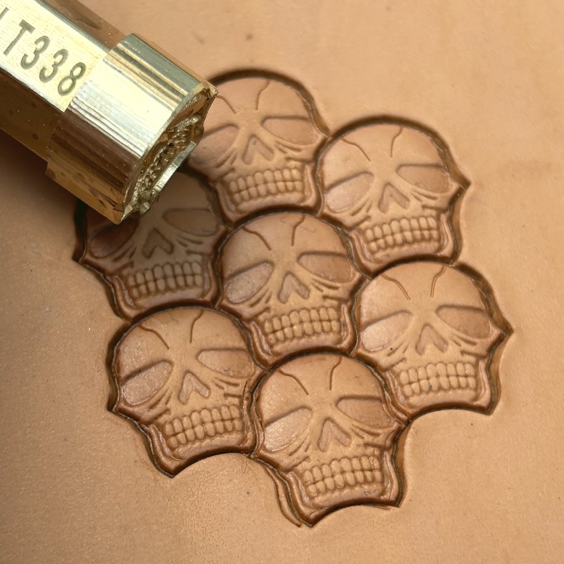 Stacked Skull leather stamp LT338 — pattern imprint on veg-tan leather