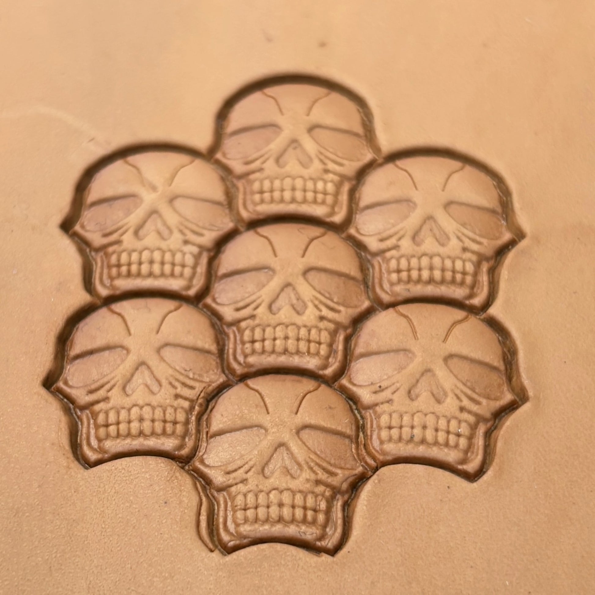 Stacked Skull leather stamp LT338 — pattern imprint on veg-tan leather