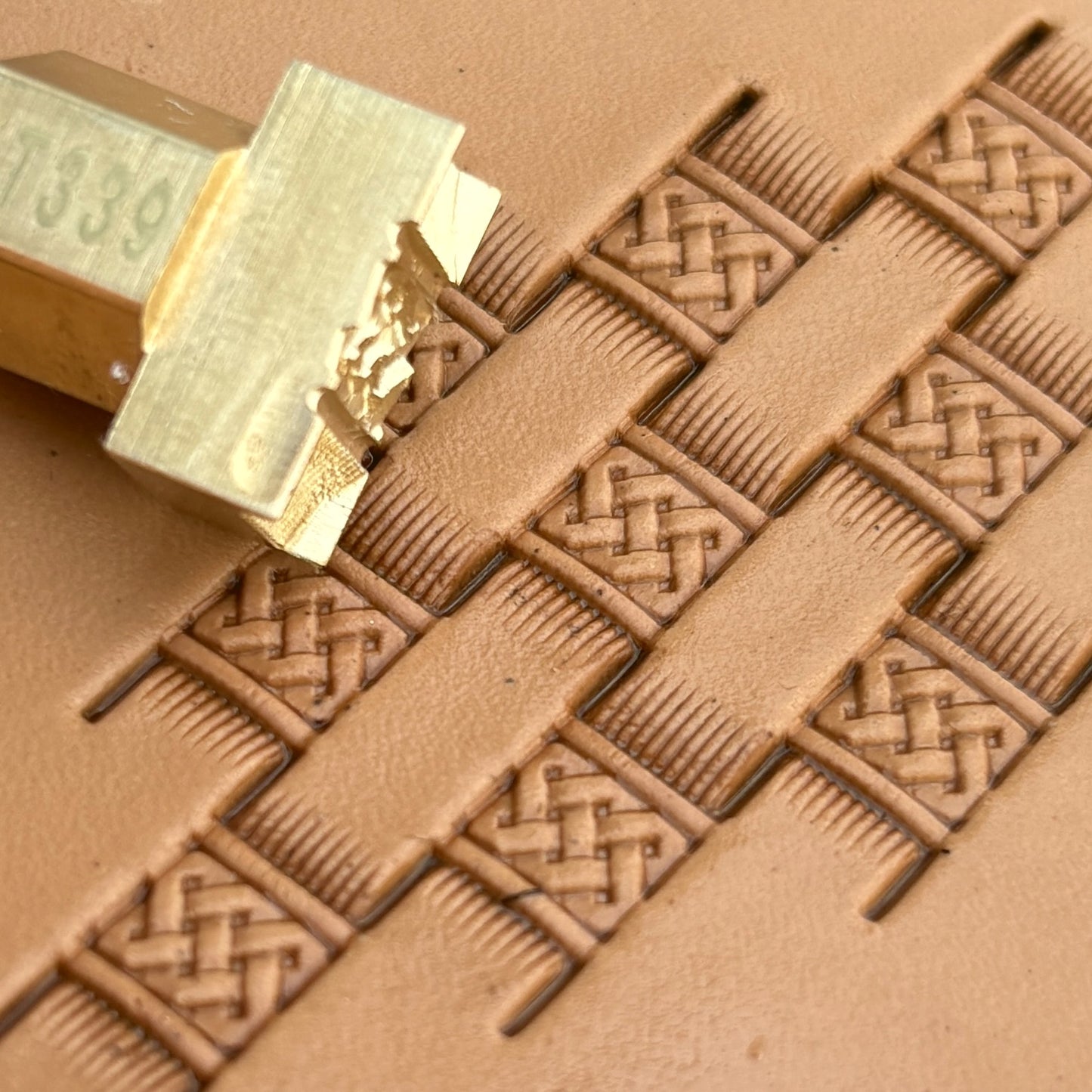 Basket Weave leather stamp LT339 — brass stamping tool with imprint on natural veg-tan leather