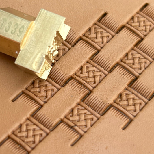 Basket Weave leather stamp LT339 — brass stamping tool with imprint on natural veg-tan leather