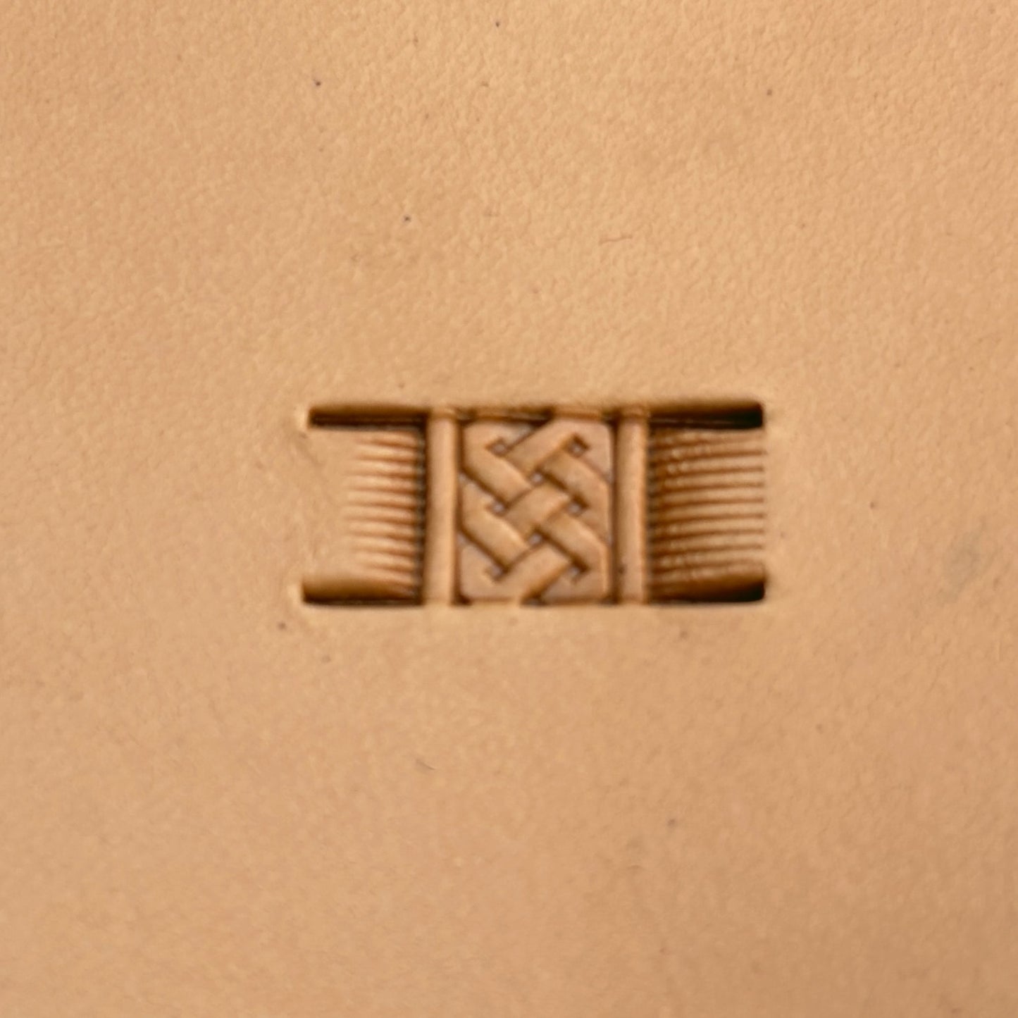 Basket Weave leather stamp LT339 — single impression on veg-tan leather
