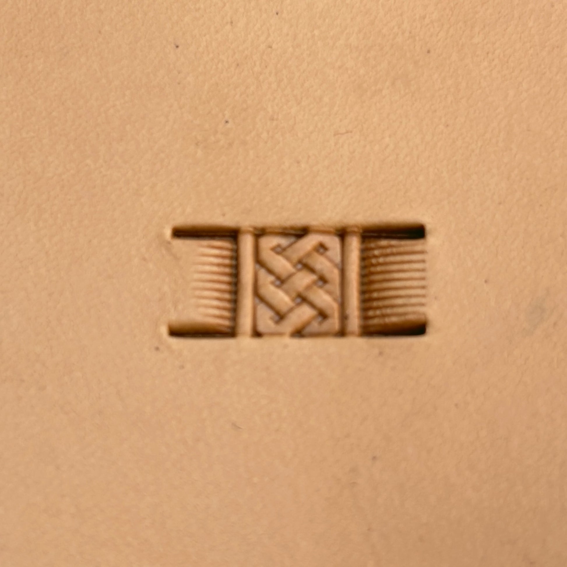 Basket Weave leather stamp LT339 — single impression on veg-tan leather