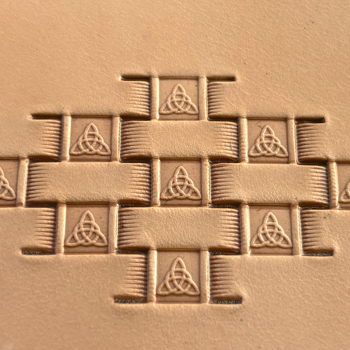 Basket Weave leather stamp LT340 — brass stamping tool with imprint on natural veg-tan leather