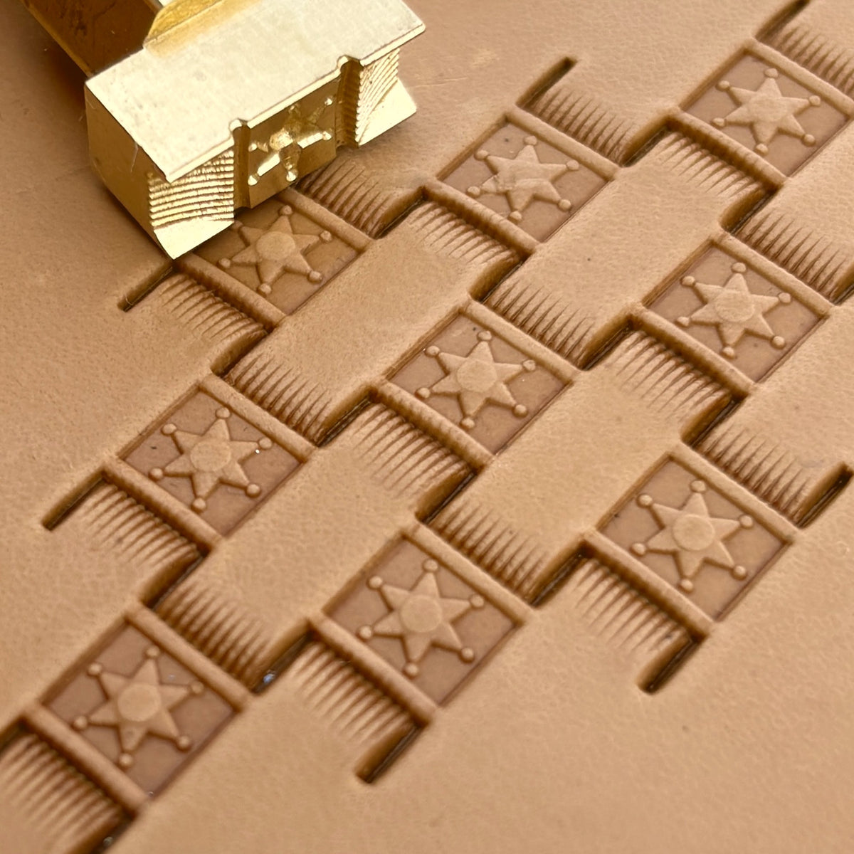 Basket Weave leather stamp LT341 — brass stamping tool with imprint on natural veg-tan leather