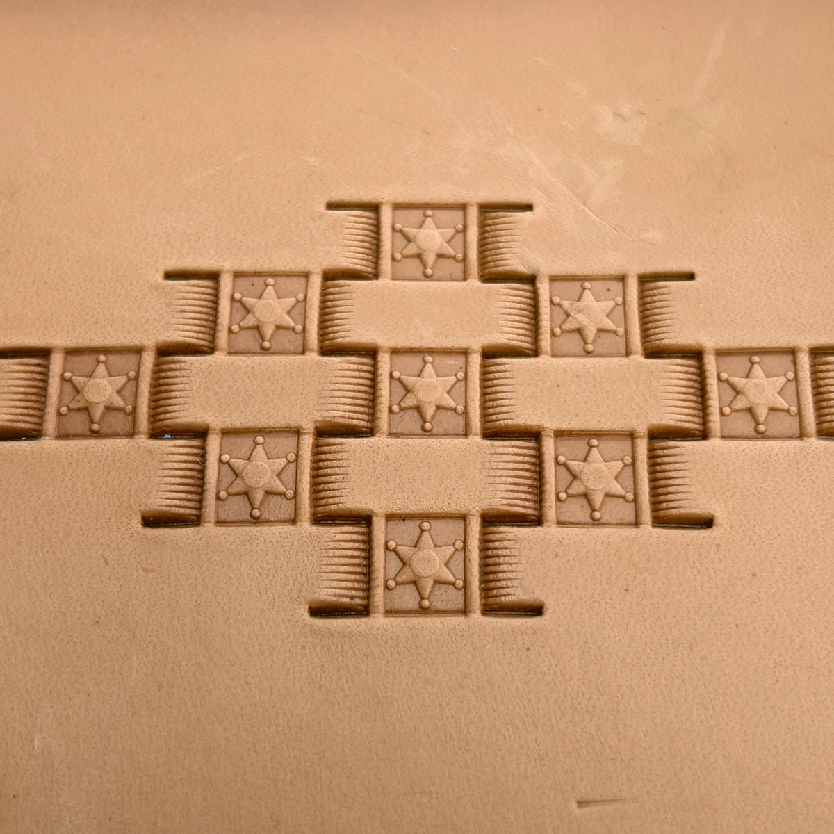 Basket Weave leather stamp LT341 — pattern imprint on veg-tan leather