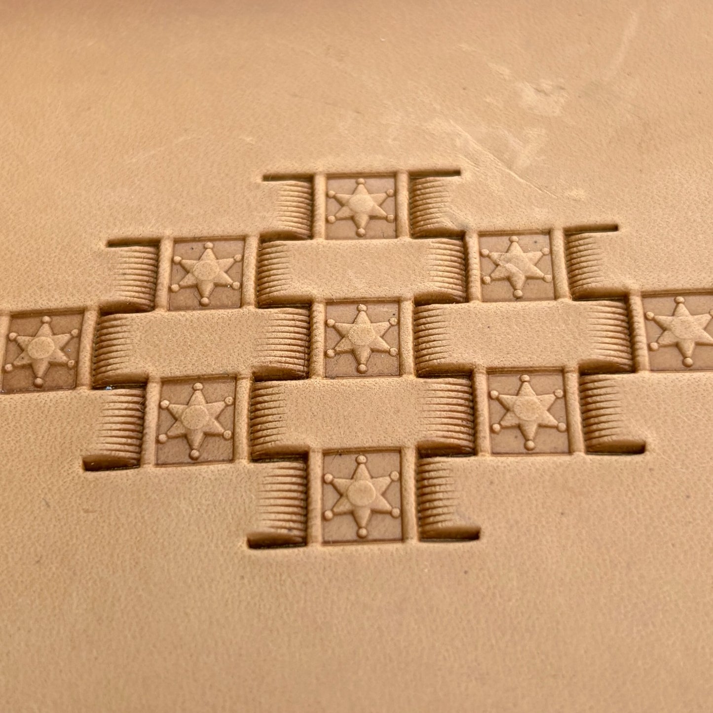 Basket Weave leather stamp LT341 — single impression on veg-tan leather