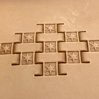 Basket Weave leather stamp LT341 — single impression on veg-tan leather