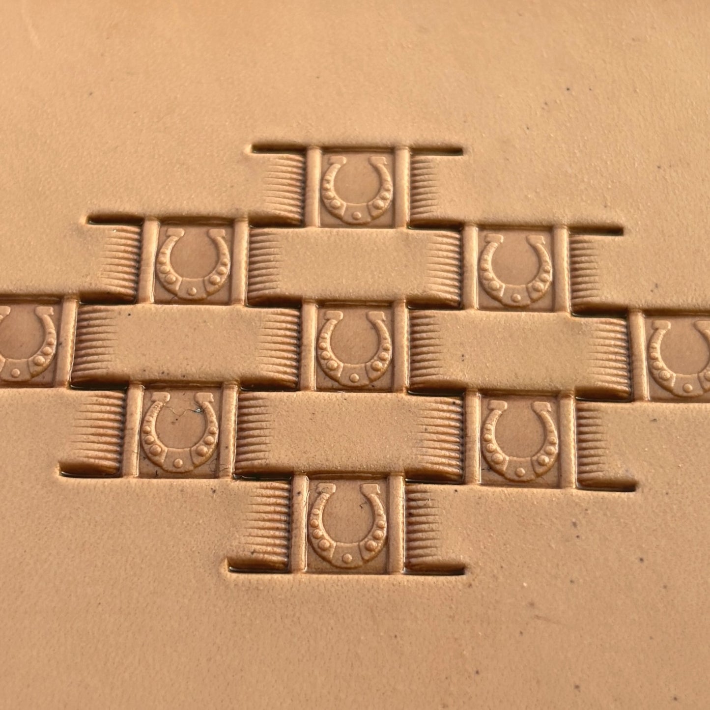 Basket Weave leather stamp LT342 — brass stamping tool with imprint on natural veg-tan leather
