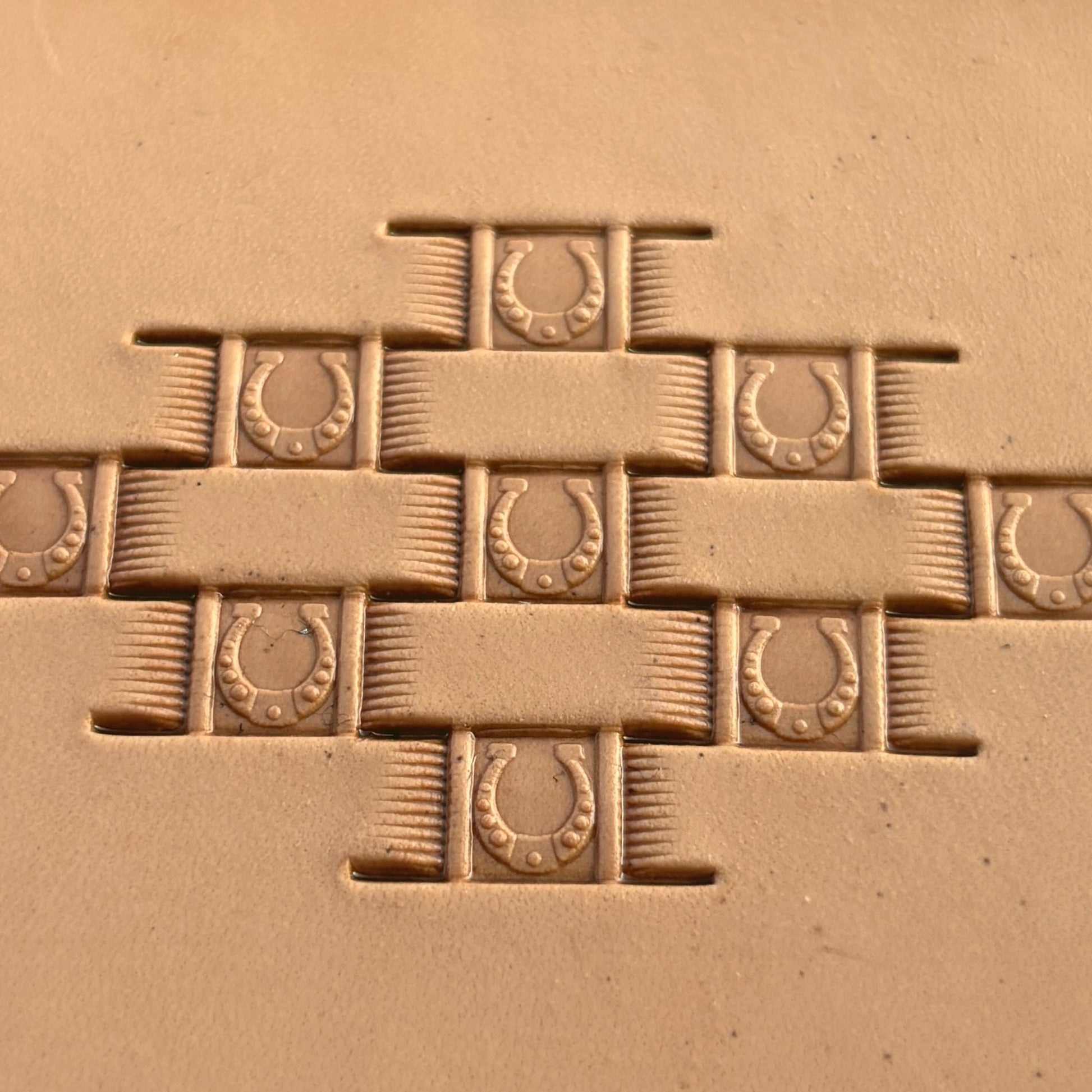 Basket Weave leather stamp LT342 — brass stamping tool with imprint on natural veg-tan leather