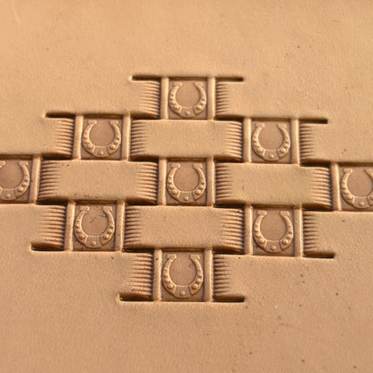 Basket Weave leather stamp LT342 — brass stamping tool with imprint on natural veg-tan leather