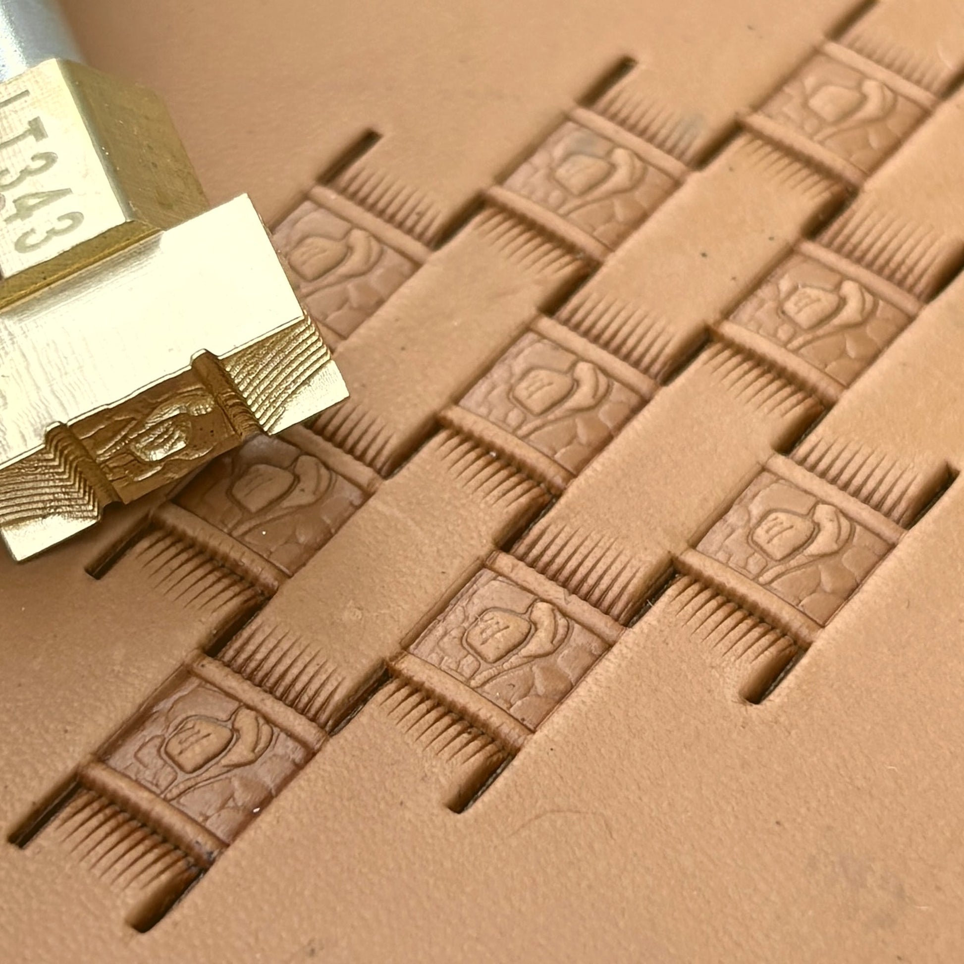 Cowboy Rug Basket Weave leather stamp LT343 — brass stamping tool with imprint on natural veg-tan leather