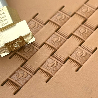 Cowboy Rug Basket Weave leather stamp LT343 — brass stamping tool with imprint on natural veg-tan leather