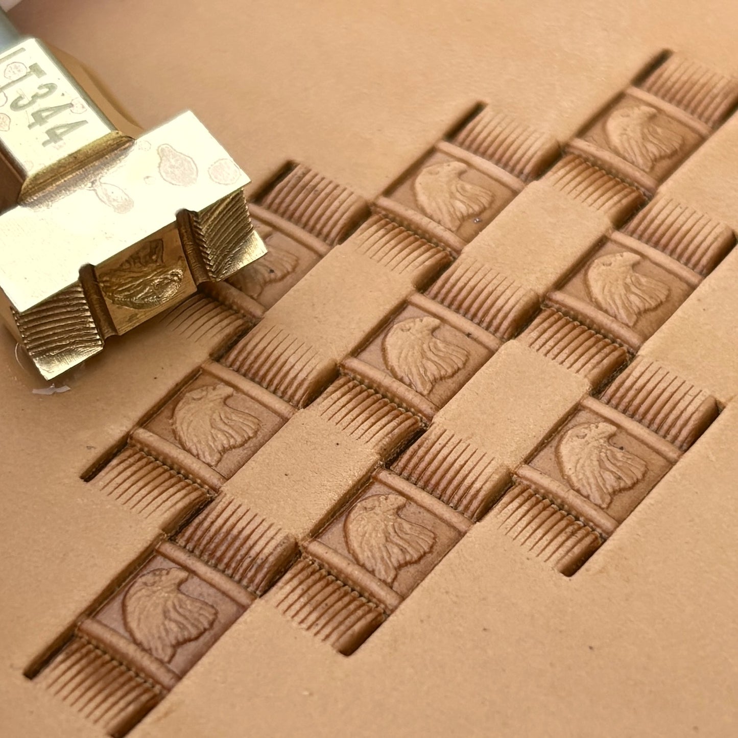 Head Eagle leather stamp LT344 — brass stamping tool with imprint on natural veg-tan leather