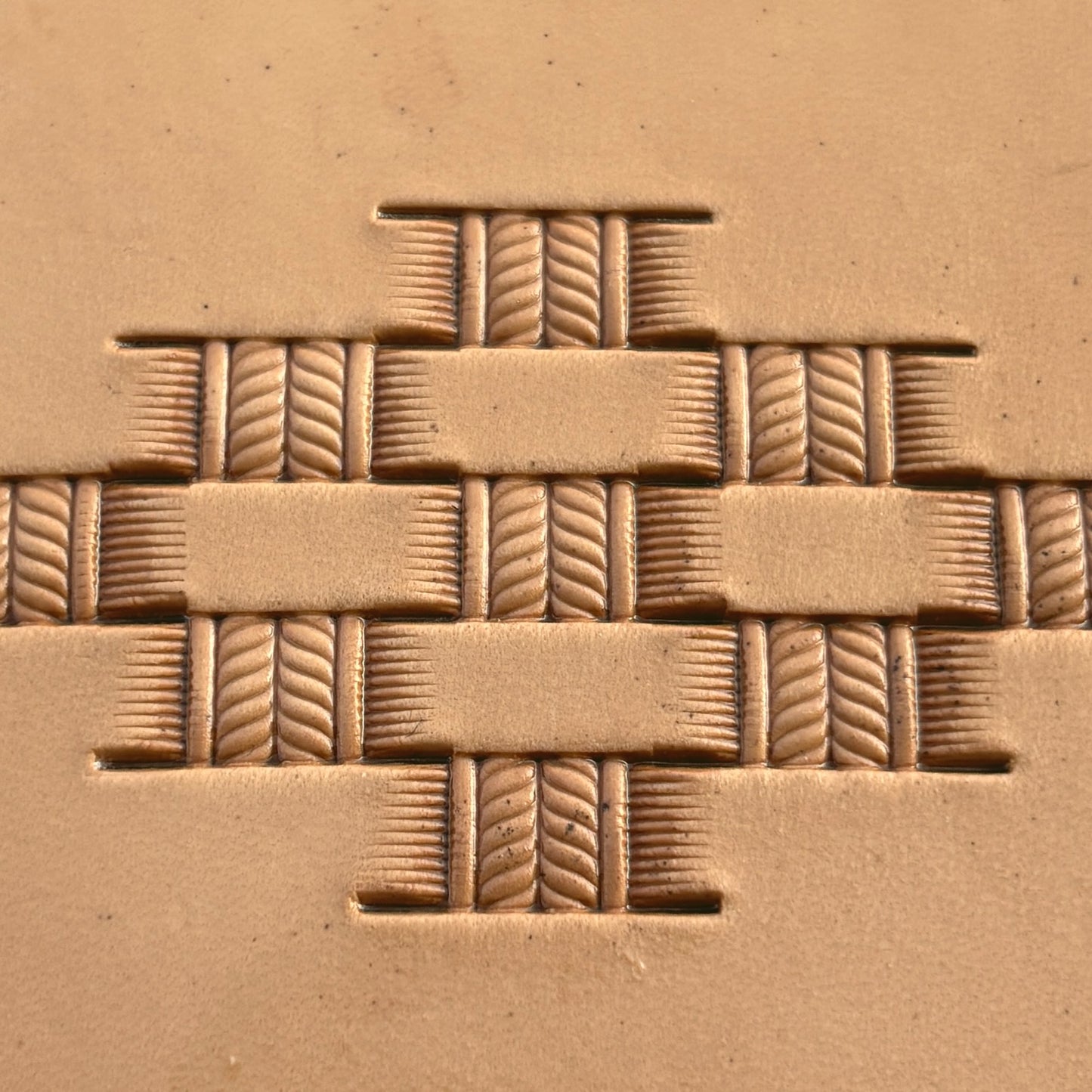 Basket Weave leather stamp LT345 — brass stamping tool with imprint on natural veg-tan leather