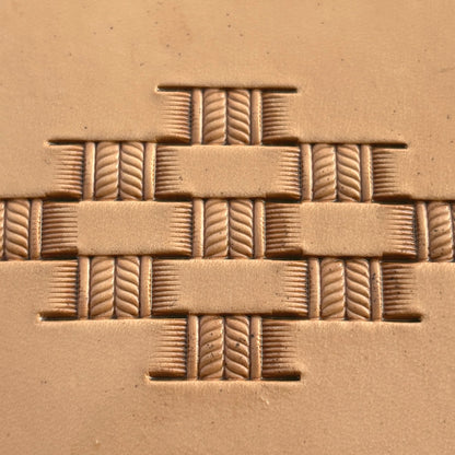 Basket Weave leather stamp LT345 — brass stamping tool with imprint on natural veg-tan leather