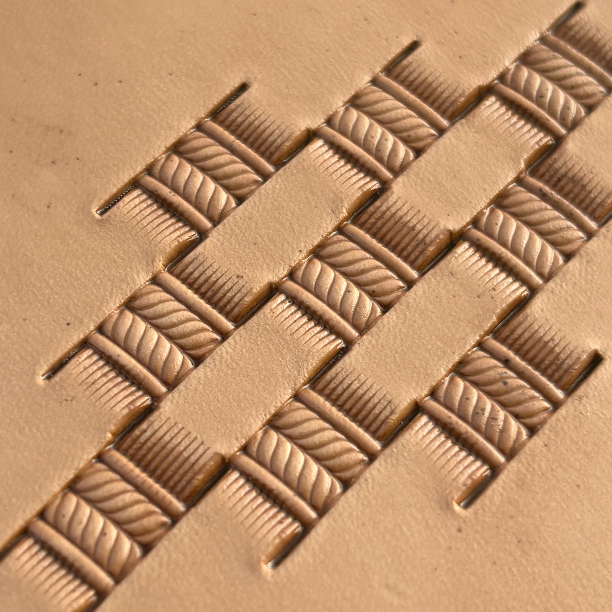 Basket Weave leather stamp LT345 — pattern imprint on veg-tan leather