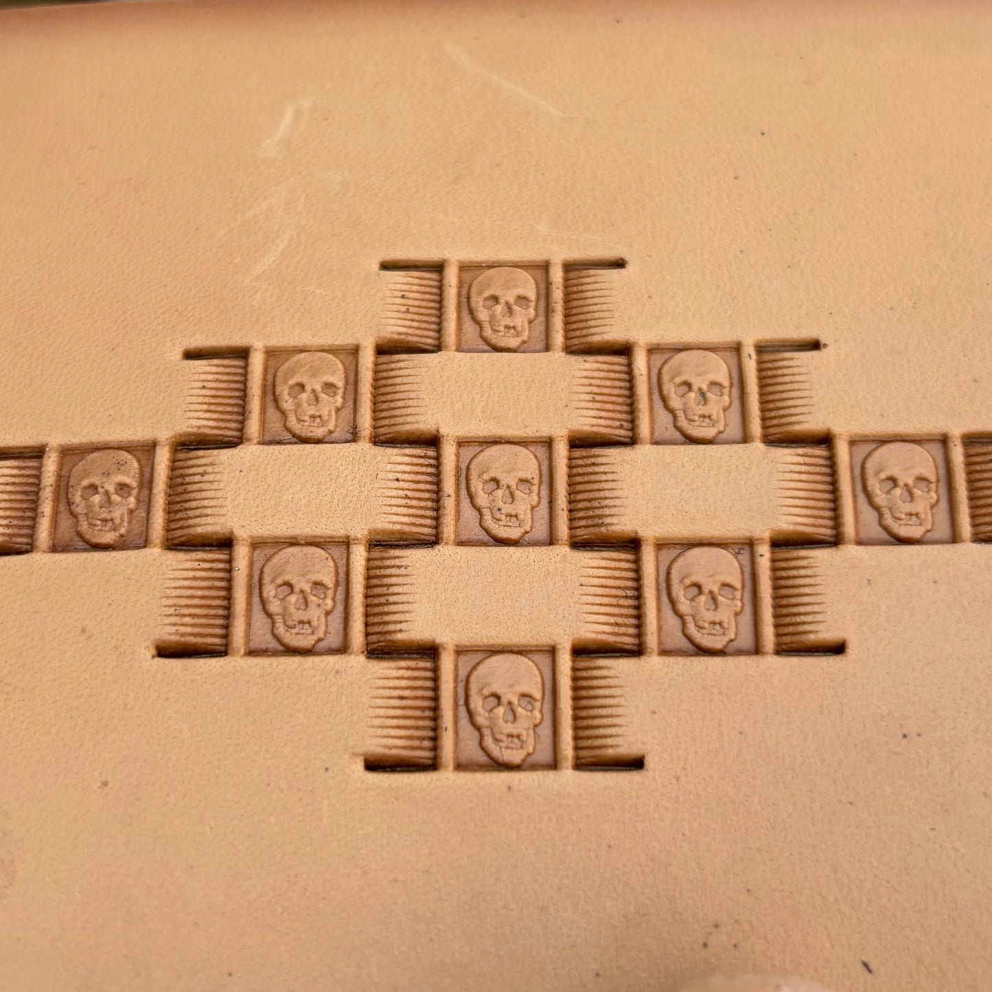 Basket Weave leather stamp LT346 — pattern imprint on veg-tan leather
