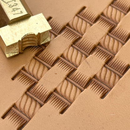 Diamond Shape Basket Weave leather stamp LT347 — brass stamping tool with imprint on natural veg-tan leather