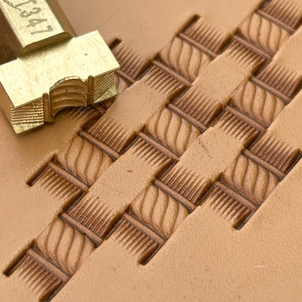 Diamond Shape Basket Weave leather stamp LT347 — brass stamping tool with imprint on natural veg-tan leather
