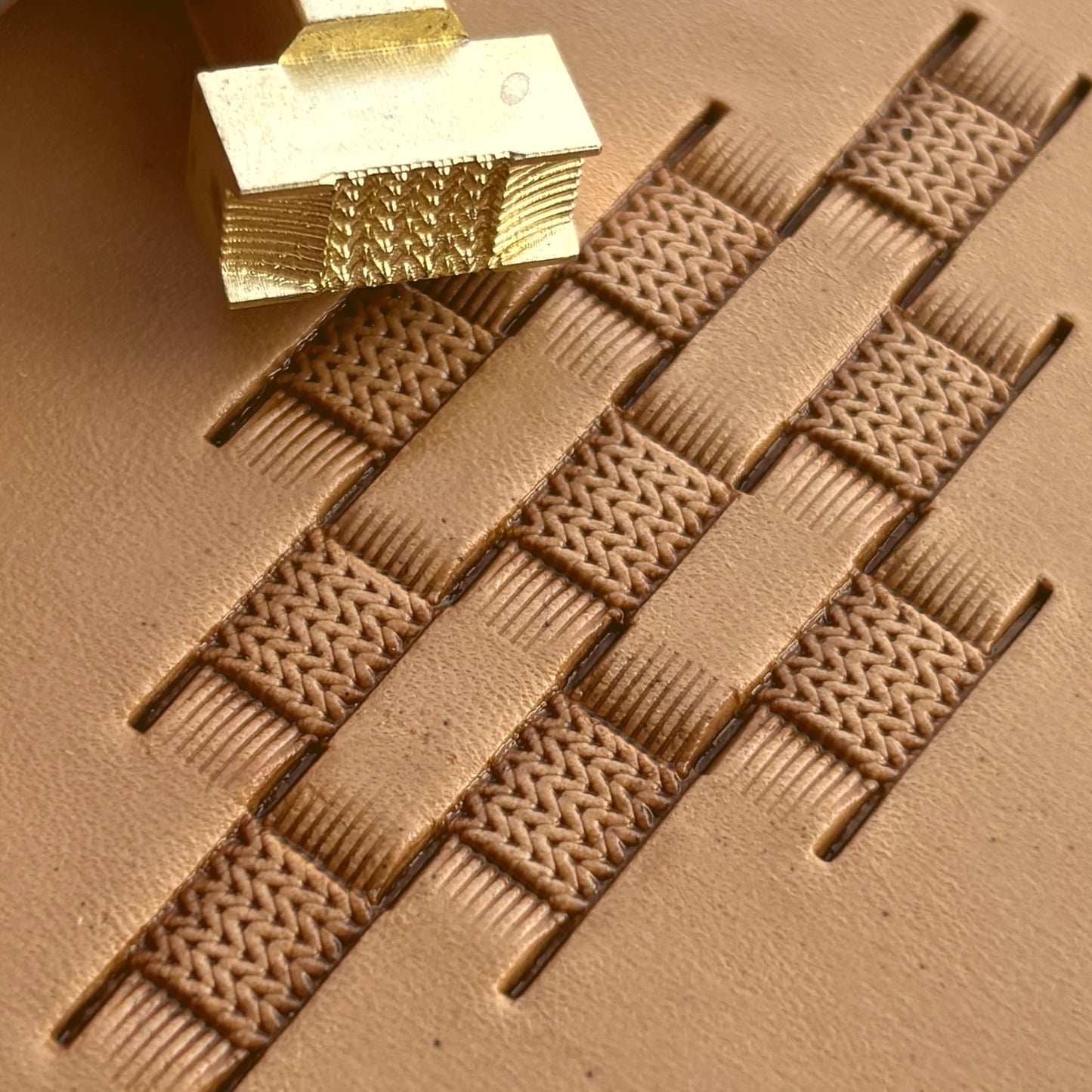 Basket Weave leather stamp LT348 — brass stamping tool with imprint on natural veg-tan leather