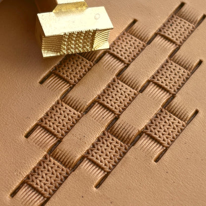 Basket Weave leather stamp LT348 — brass stamping tool with imprint on natural veg-tan leather