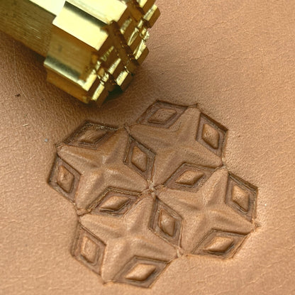 Diamond Cross Geometric leather stamp LT349 — brass stamping tool with imprint on natural veg-tan leather