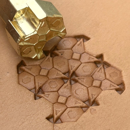Hex Mosaic Geometric leather stamp LT352 — brass stamping tool with imprint on natural veg-tan leather