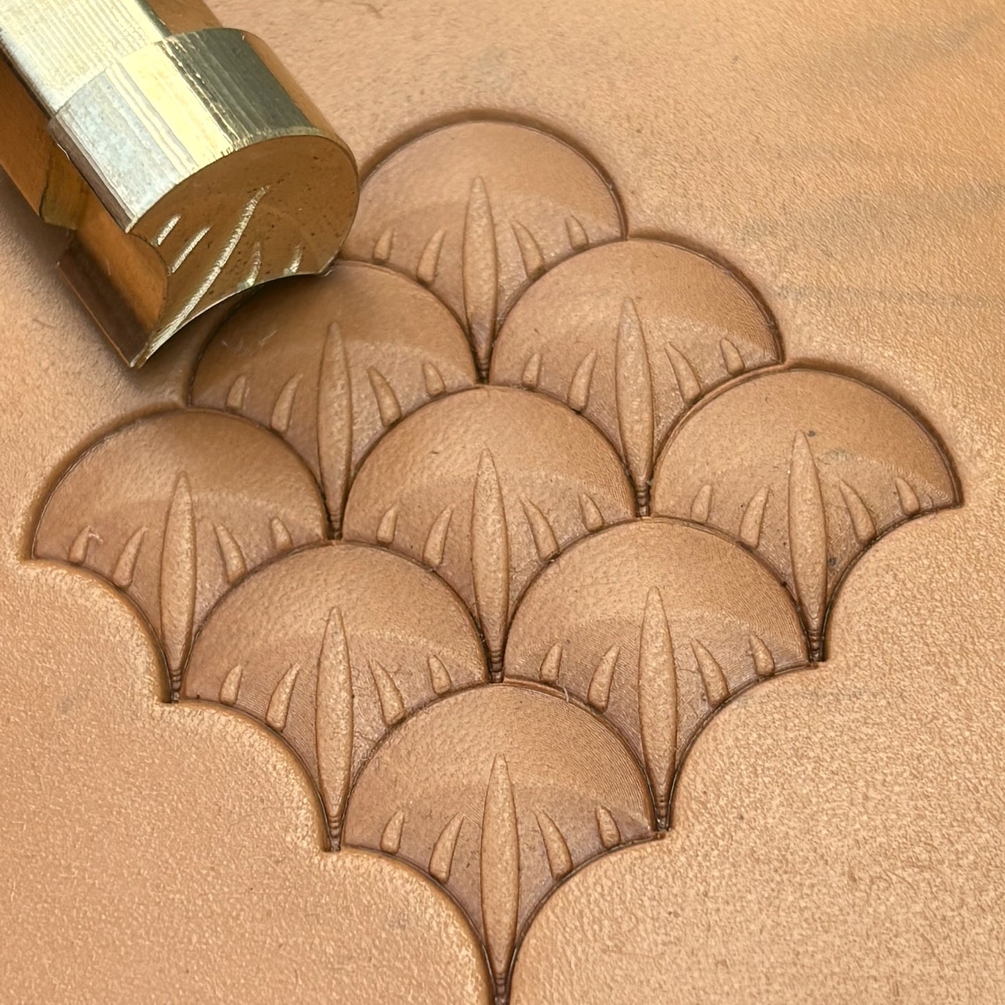 Scallop Fan leather stamp LT353 — brass stamping tool with imprint on natural veg-tan leather