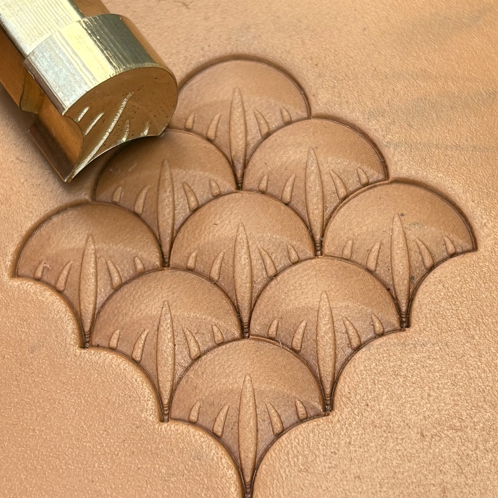 Scallop Fan leather stamp LT353 — brass stamping tool with imprint on natural veg-tan leather