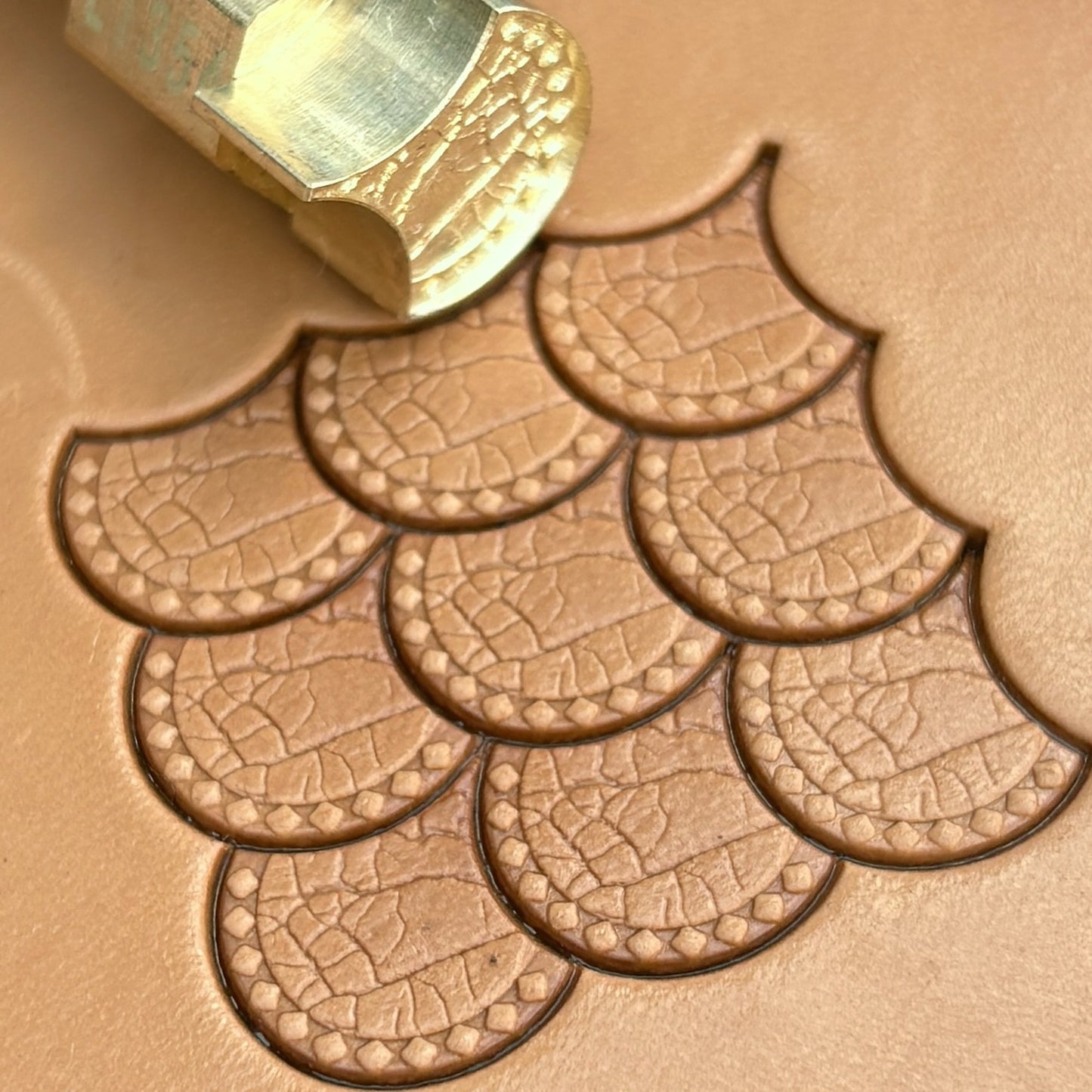 Scallop Scales leather stamp LT354 — brass stamping tool with imprint on natural veg-tan leather