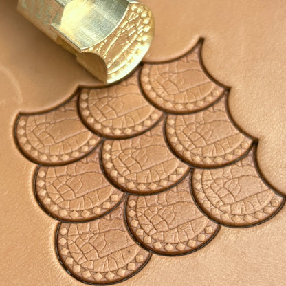 Scallop Scales leather stamp LT354 — brass stamping tool with imprint on natural veg-tan leather