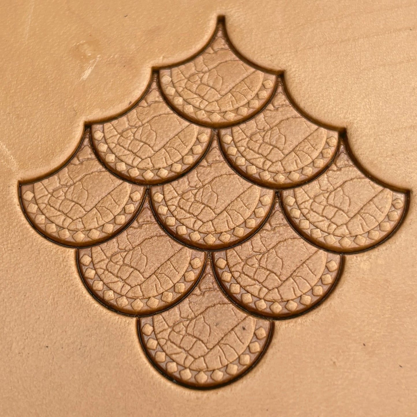 Scallop Scales leather stamp LT354 — pattern imprint on veg-tan leather