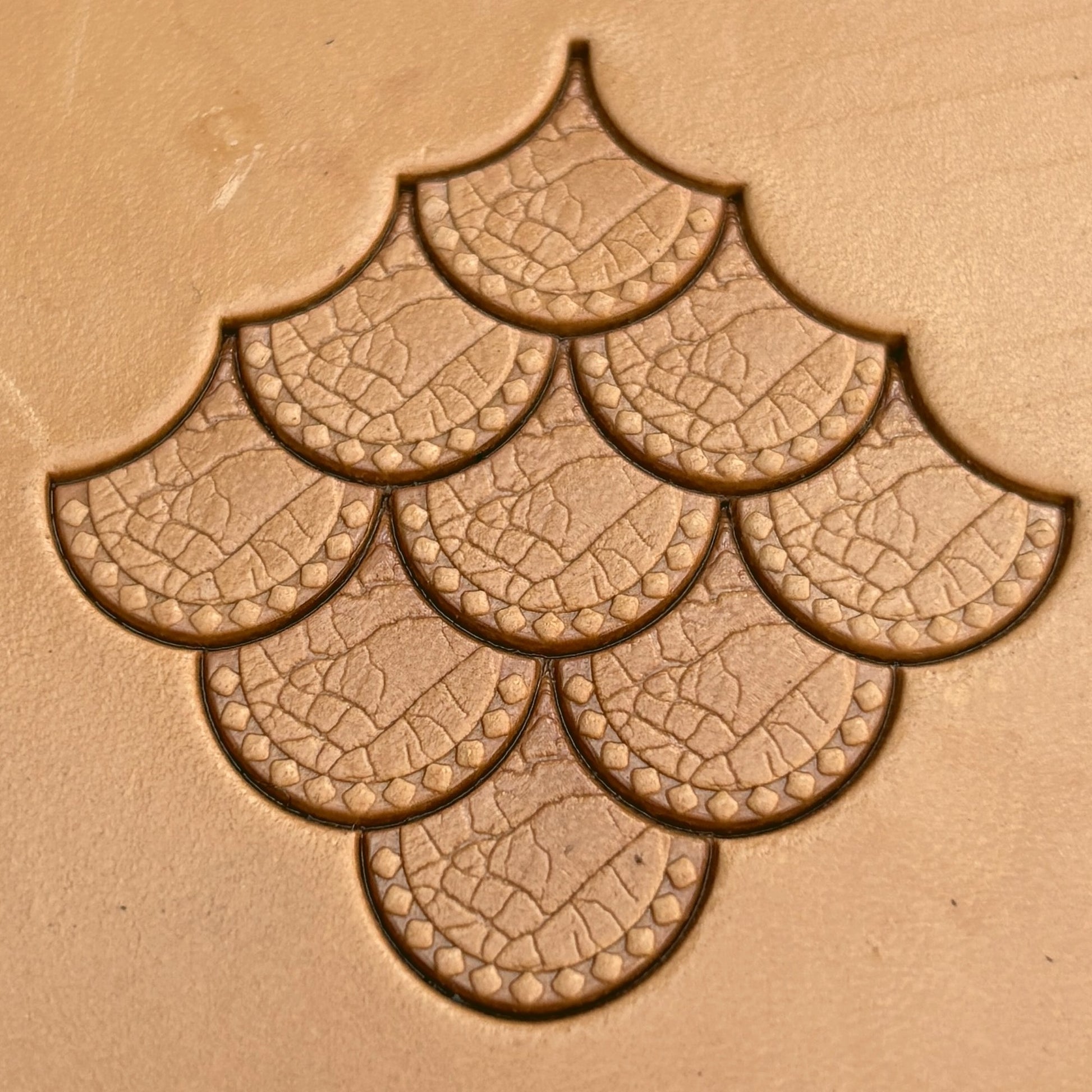 Scallop Scales leather stamp LT354 — pattern imprint on veg-tan leather