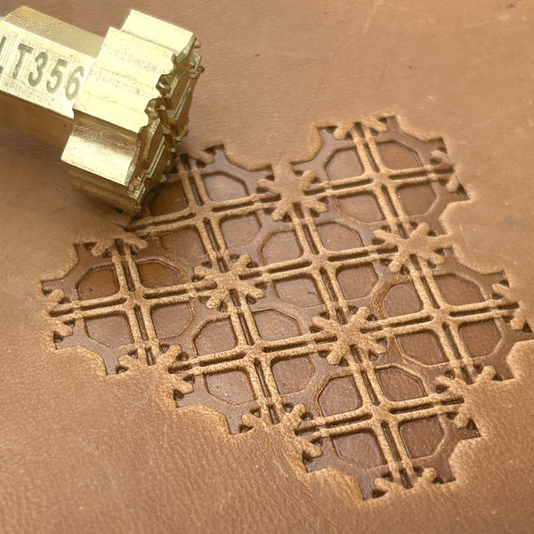 Mosaic Style Geometric leather stamp LT356 — brass stamping tool with imprint on natural veg-tan leather