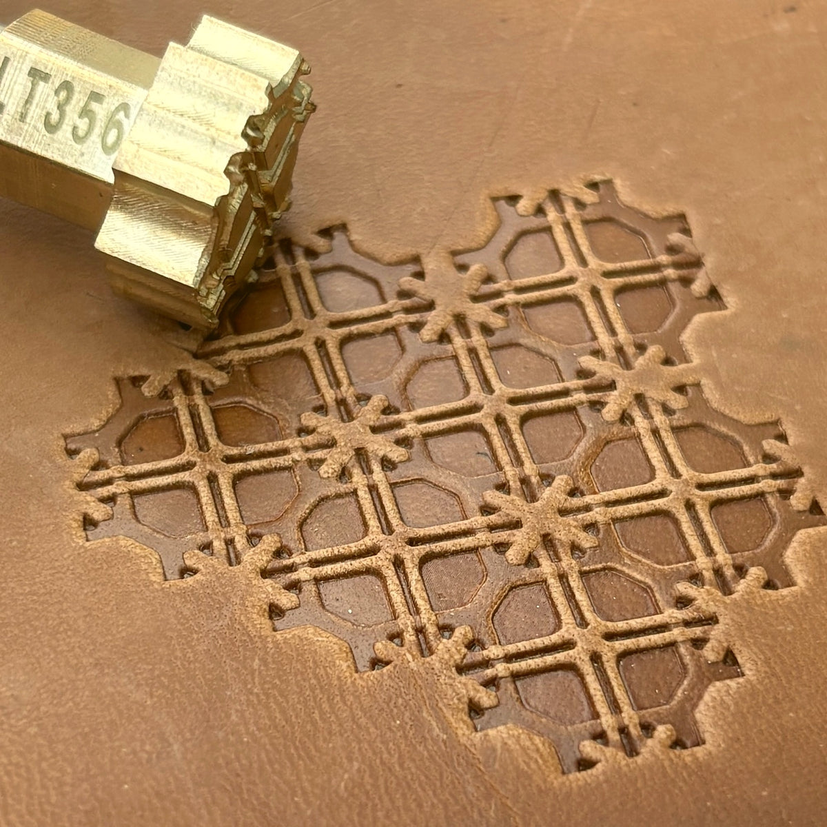 Mosaic Style Geometric leather stamp LT356 — brass stamping tool with imprint on natural veg-tan leather