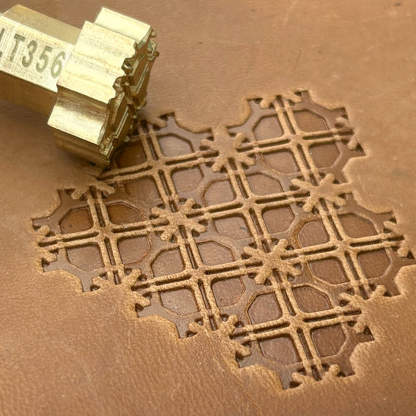 Mosaic Style Geometric leather stamp LT356 — brass stamping tool with imprint on natural veg-tan leather