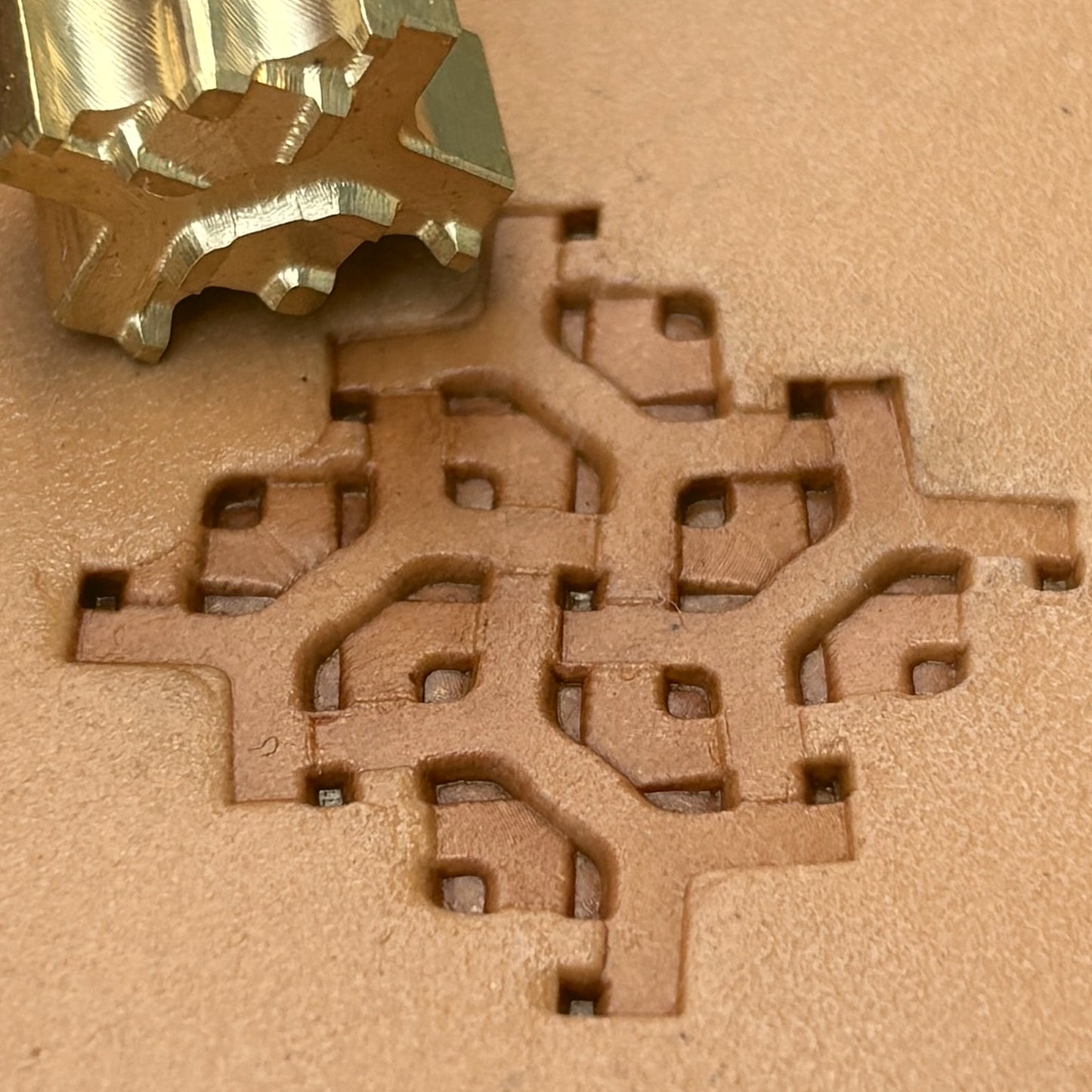 Ornate Lines Geometric leather stamp LT357 — brass stamping tool with imprint on natural veg-tan leather