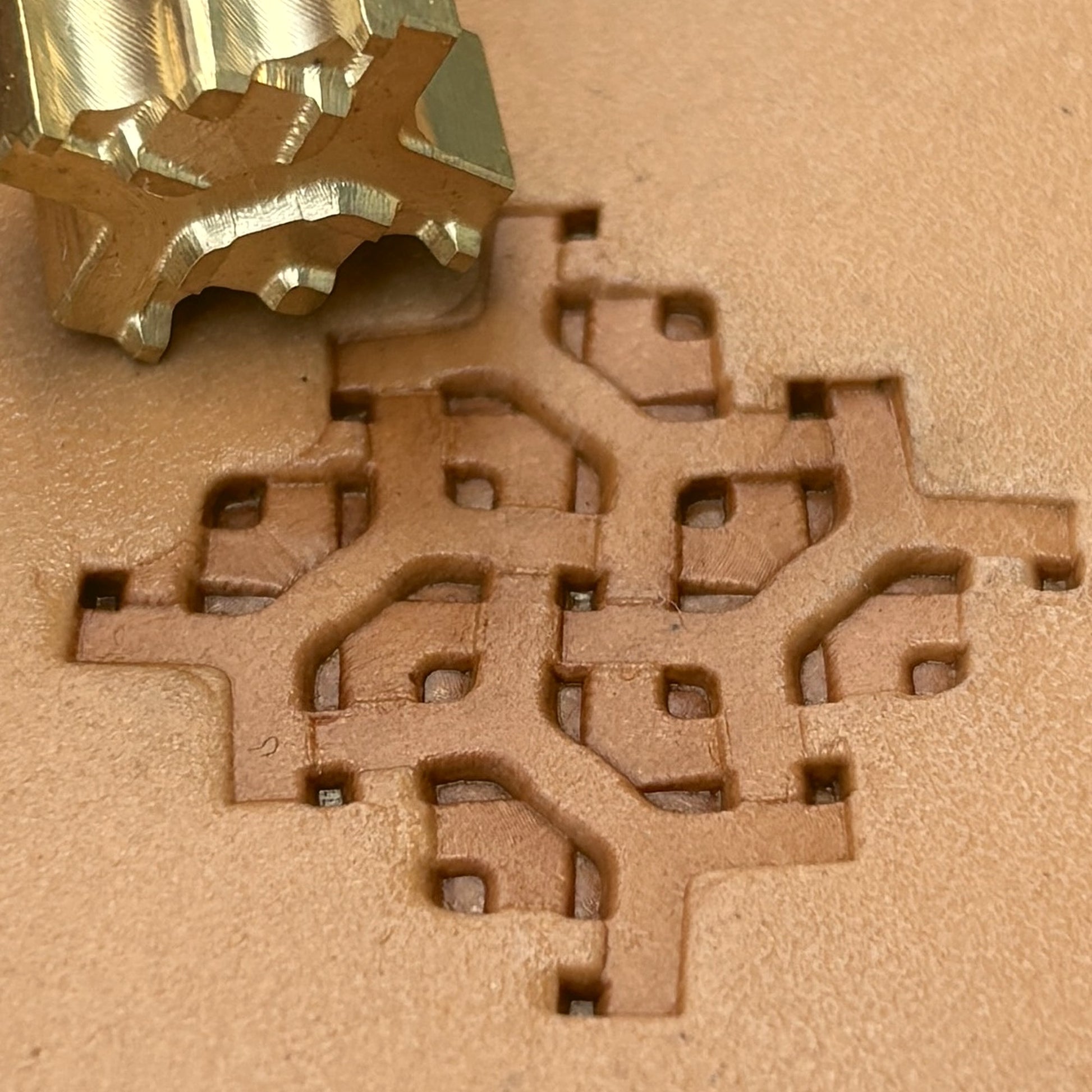 Ornate Lines Geometric leather stamp LT357 — brass stamping tool with imprint on natural veg-tan leather