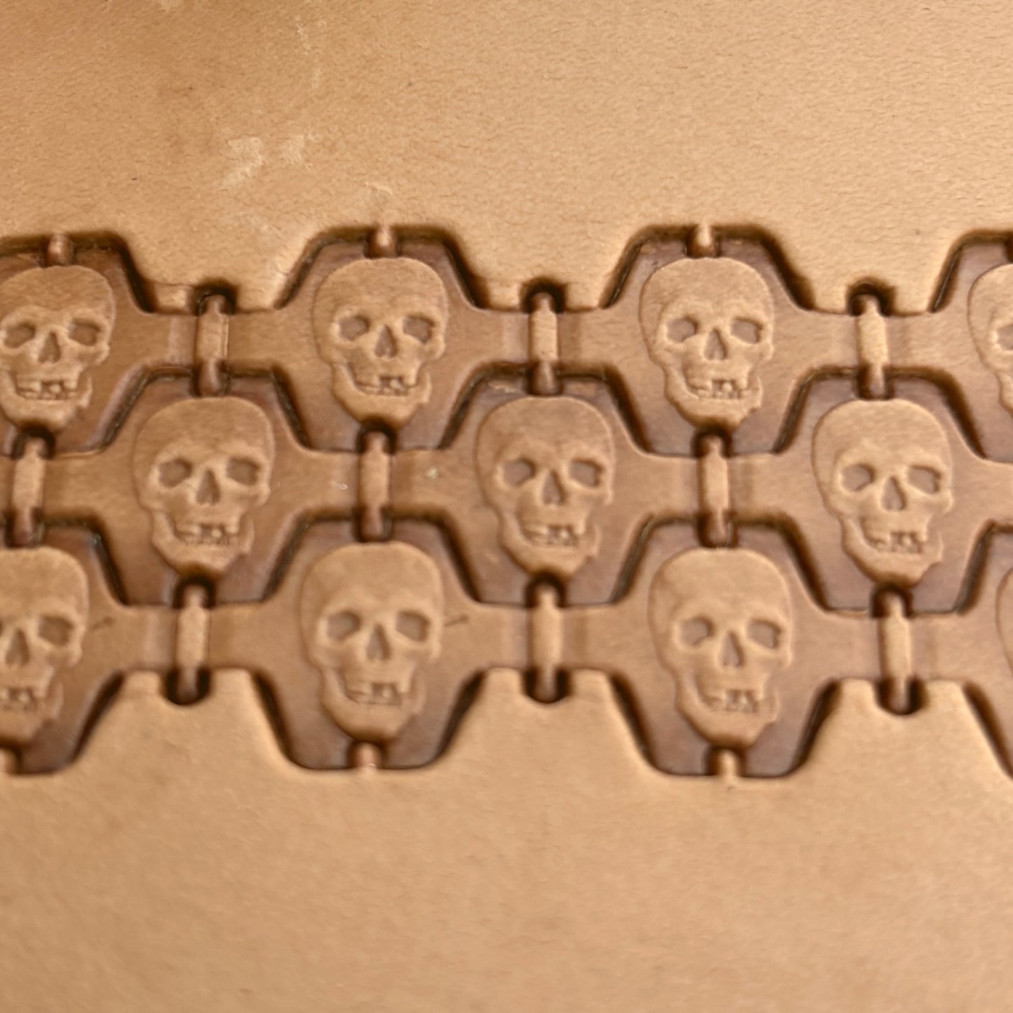 Skull leather stamp LT358 — pattern imprint on veg-tan leather