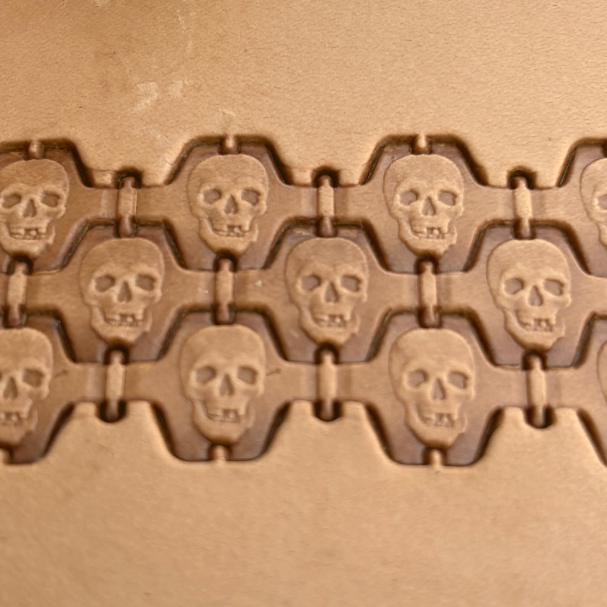 Skull leather stamp LT358 — pattern imprint on veg-tan leather