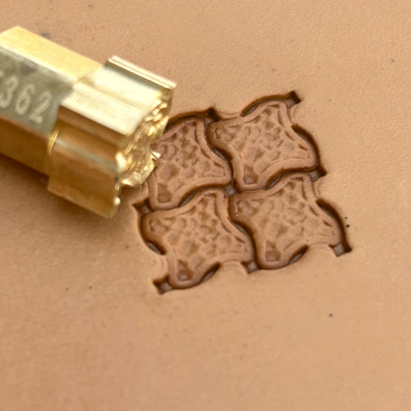 Geometric leather stamp LT362 — brass stamping tool with imprint on natural veg-tan leather