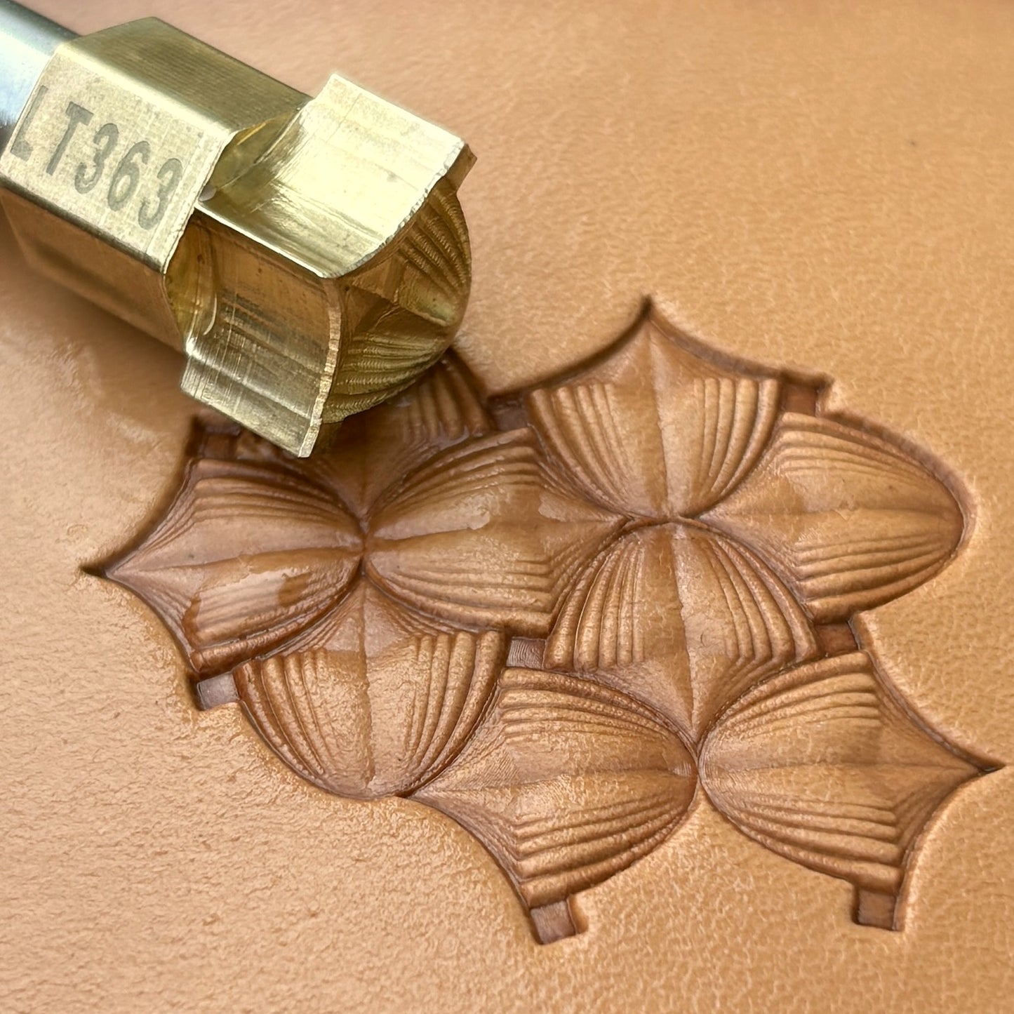 Petal Repeat leather stamp LT363 — brass stamping tool with imprint on natural veg-tan leather