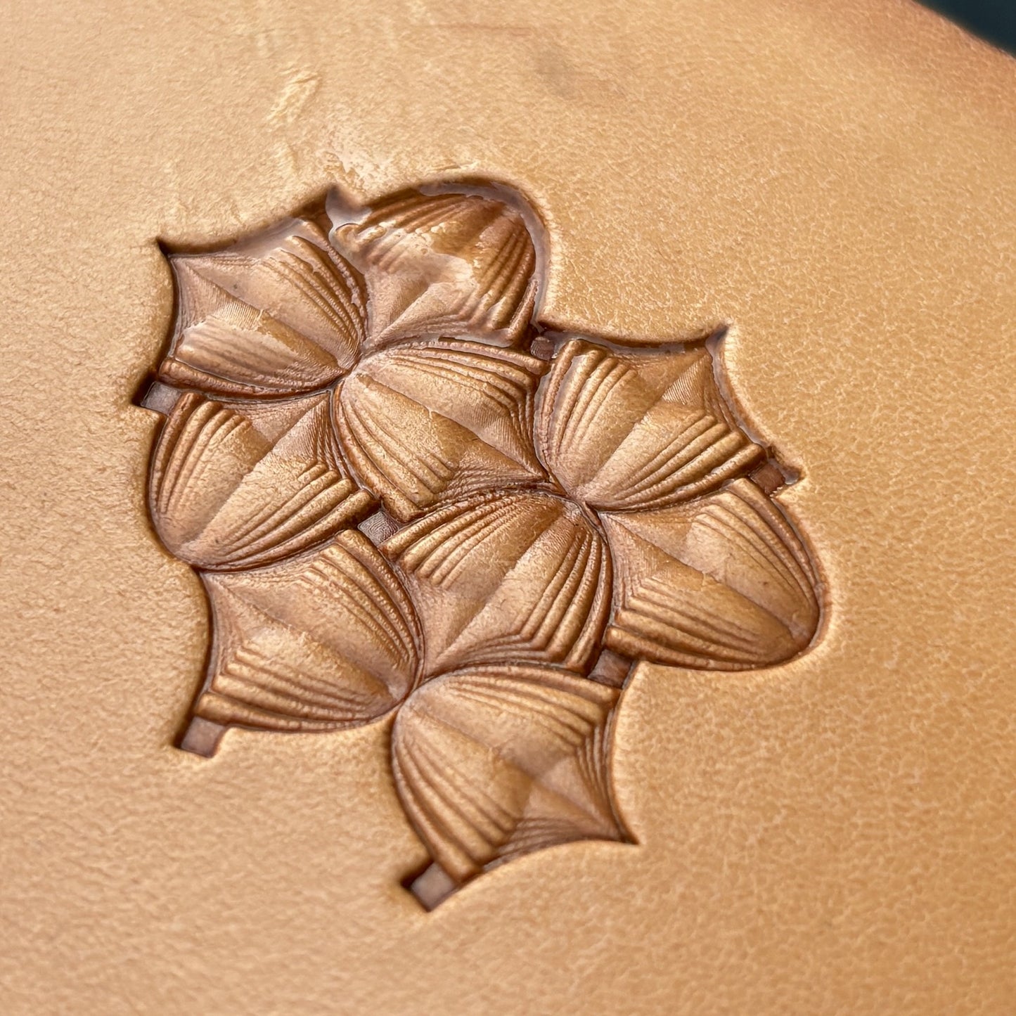 Petal Repeat leather stamp LT363 — single impression on veg-tan leather
