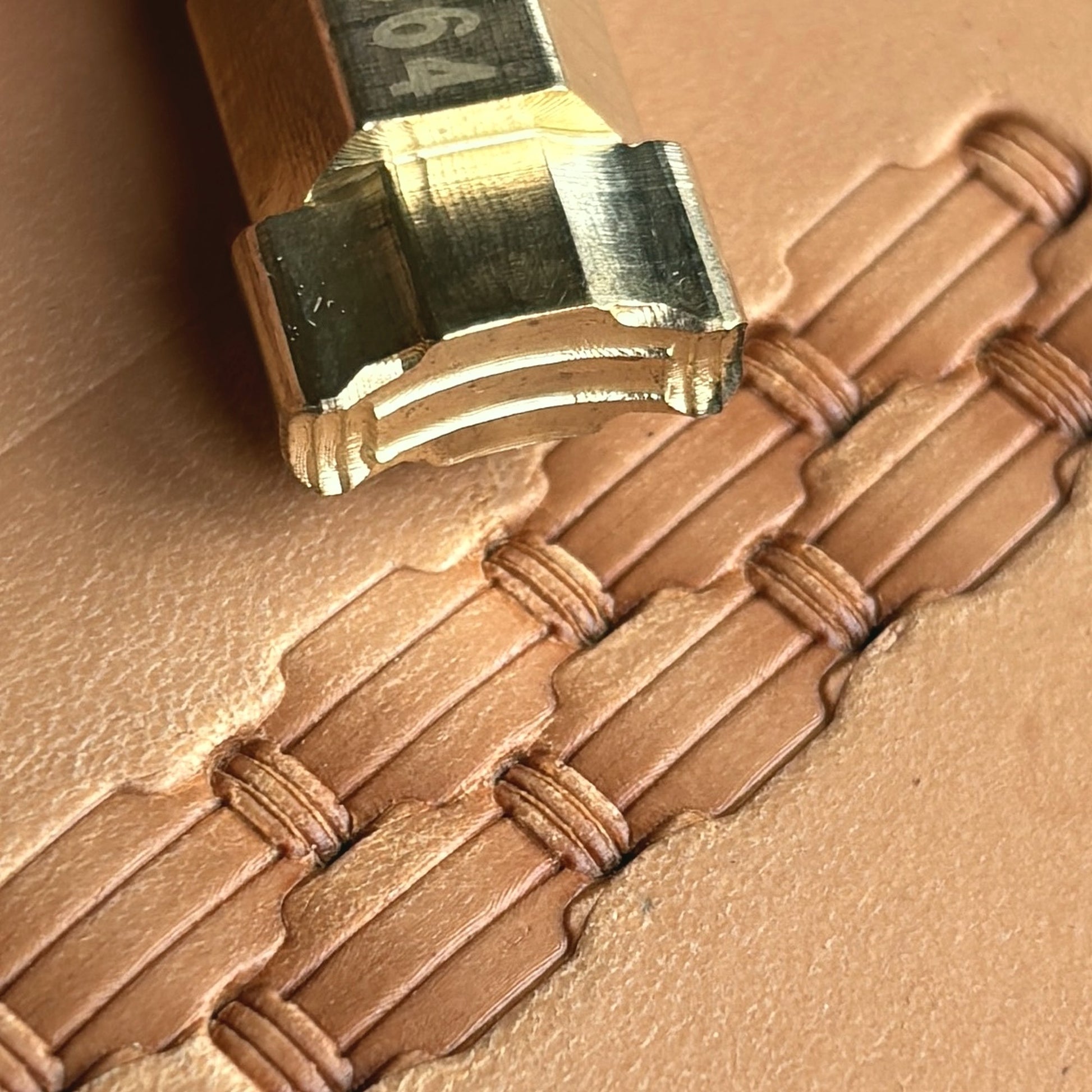 Basket Weave leather stamp LT364 — brass stamping tool with imprint on natural veg-tan leather