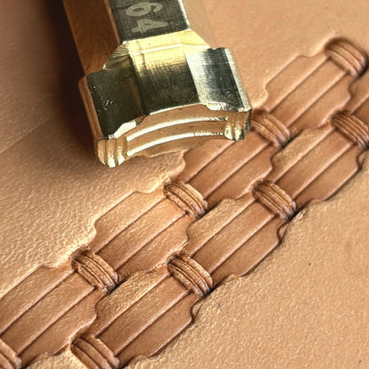 Basket Weave leather stamp LT364 — brass stamping tool with imprint on natural veg-tan leather