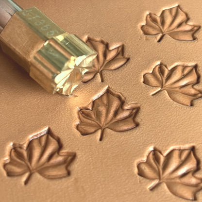 Leaf leather stamp LT365 — brass stamping tool with imprint on natural veg-tan leather