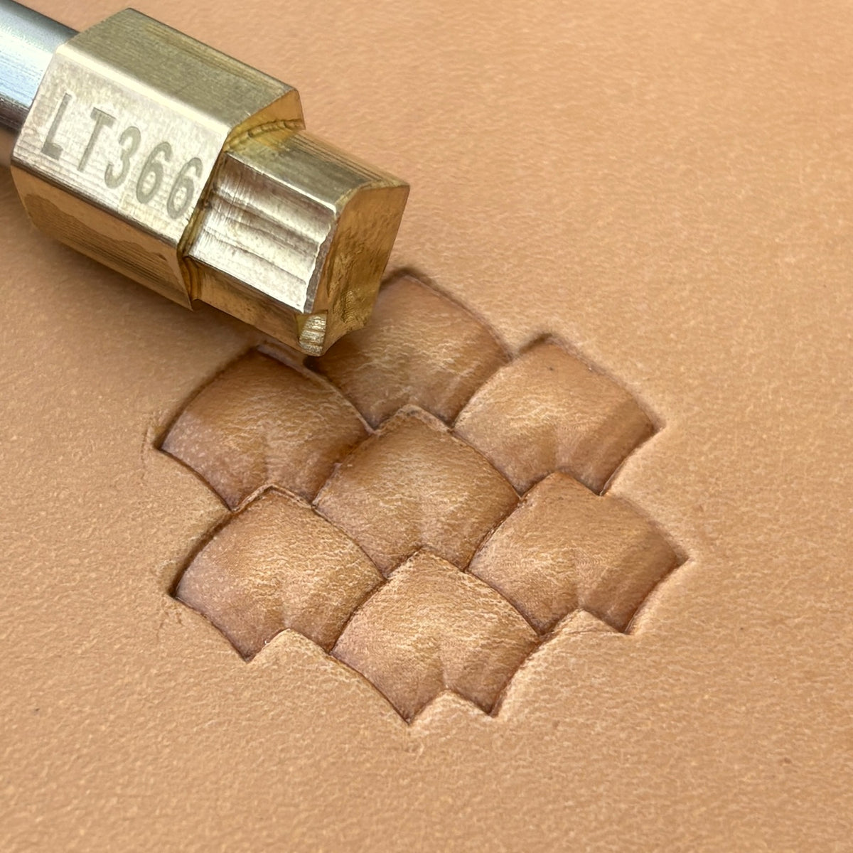 Curved Tiles Basket Weave leather stamp LT366 — brass stamping tool with imprint on natural veg-tan leather