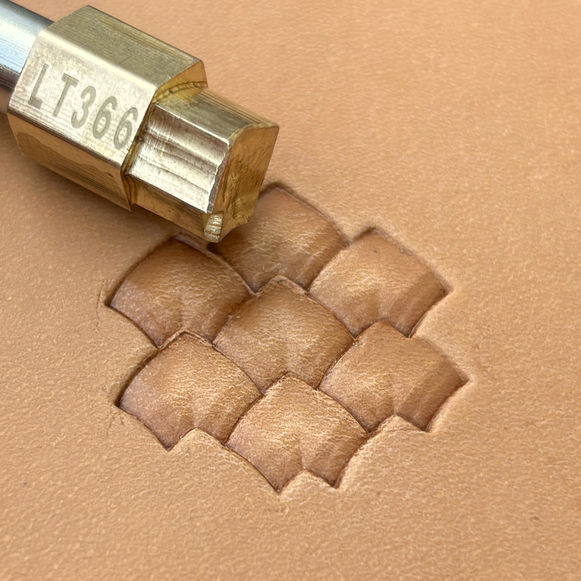 Curved Tiles Basket Weave leather stamp LT366 — brass stamping tool with imprint on natural veg-tan leather